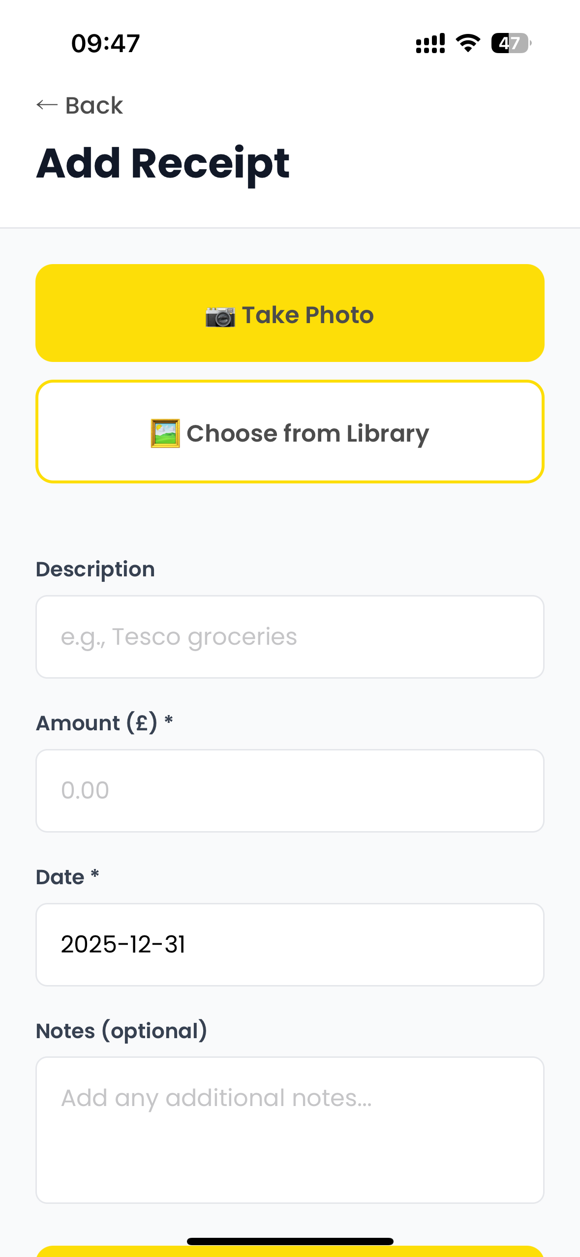 Add Receipt step 1: Take Photo or Choose from Library screen with form fields