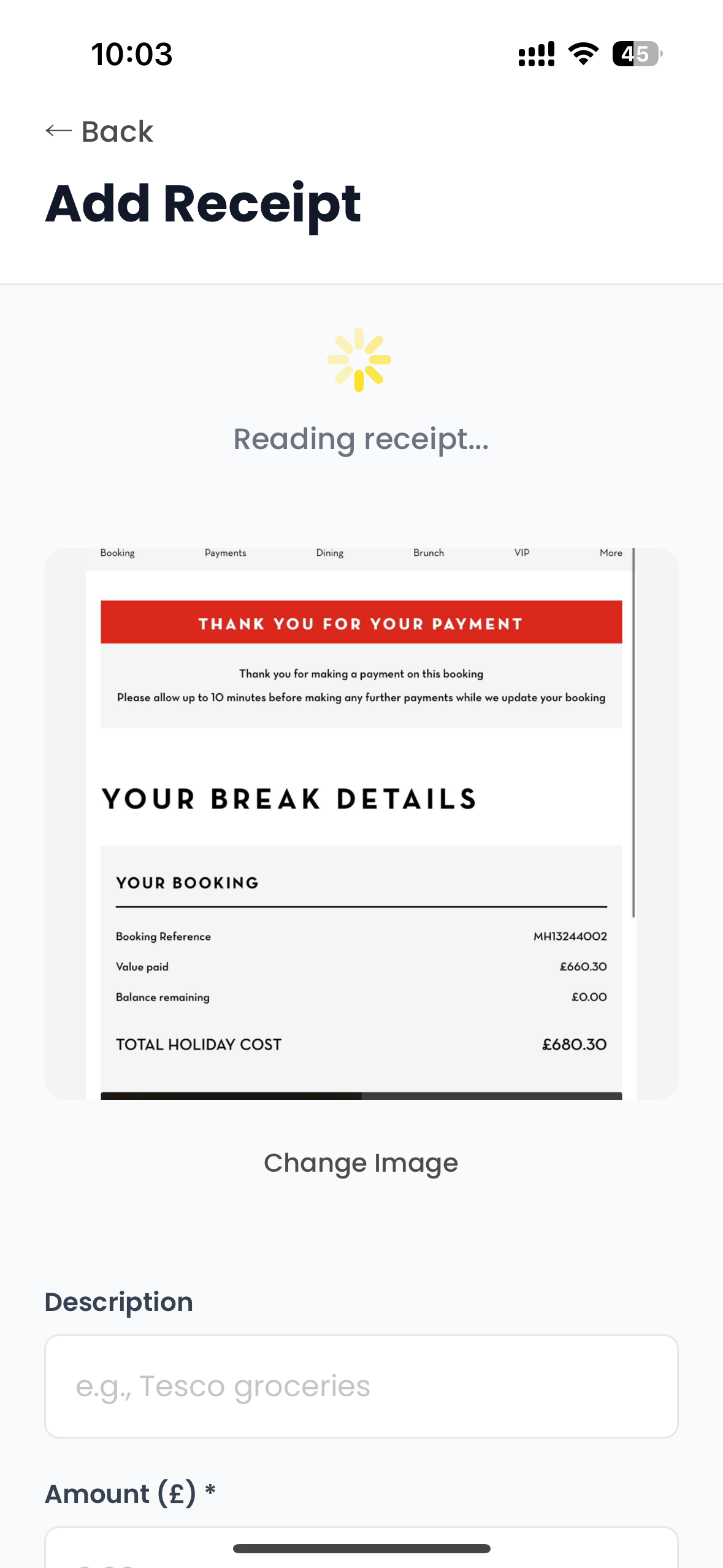 Add Receipt step 2: AI reading receipt and extracting information