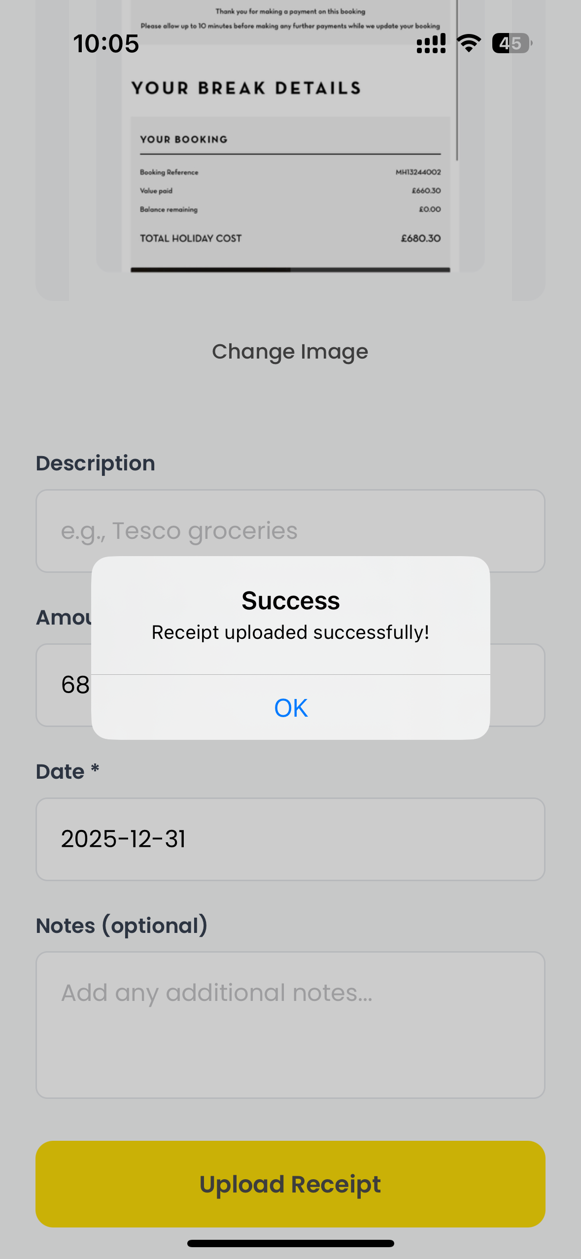 Add Receipt step 3: Success confirmation modal showing receipt uploaded successfully