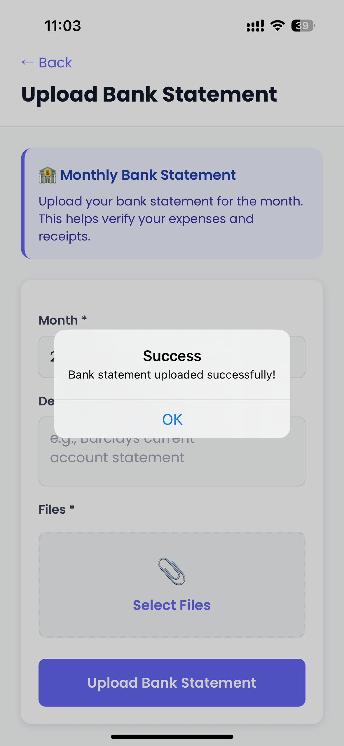 Upload Bank Statement success modal showing Bank statement uploaded successfully message