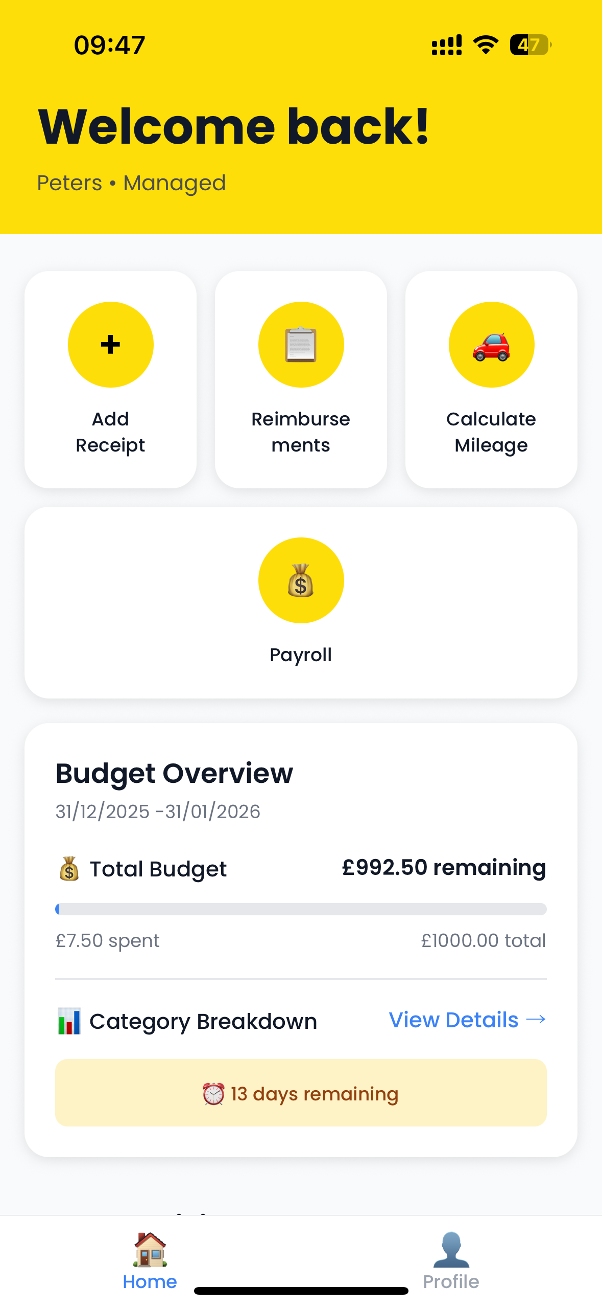 Kernow Connect MANAGED Dashboard showing Welcome back screen with Add Receipt, Reimbursements, Calculate Mileage, and Payroll buttons, plus Budget Overview card