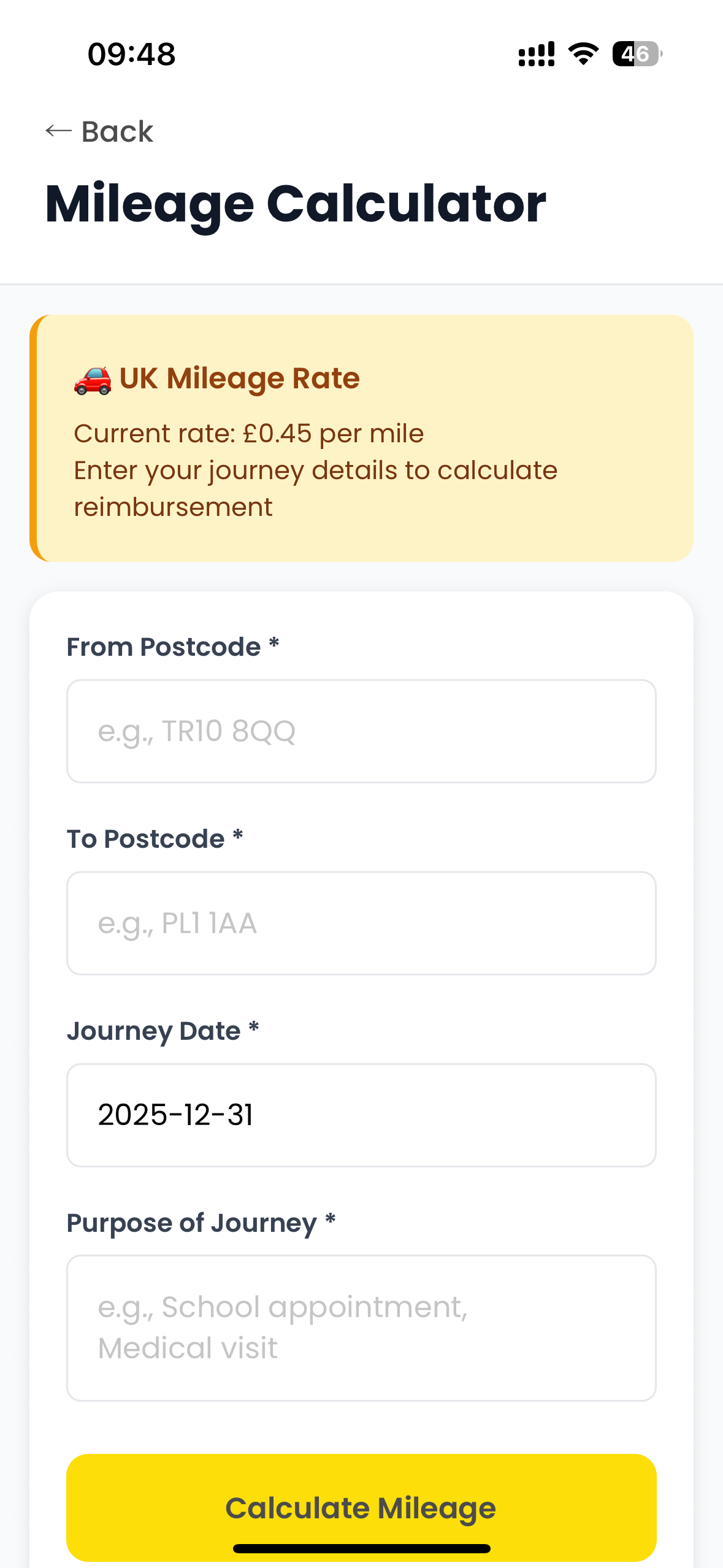 Mileage Calculator entry form showing From/To postcodes, journey date, and purpose fields with UK mileage rate of £0.45 per mile