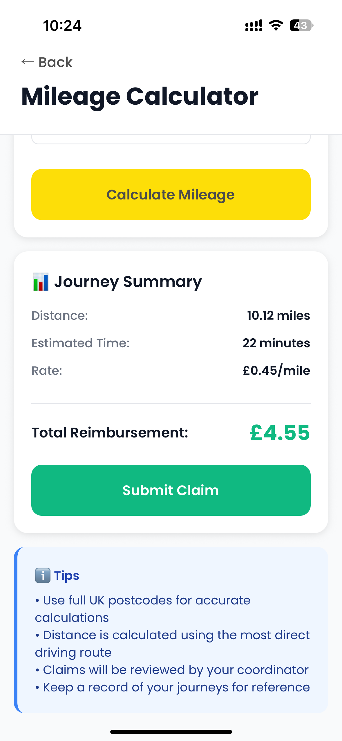 Mileage Calculator journey summary showing distance, estimated time, rate, and total reimbursement with Submit Claim button