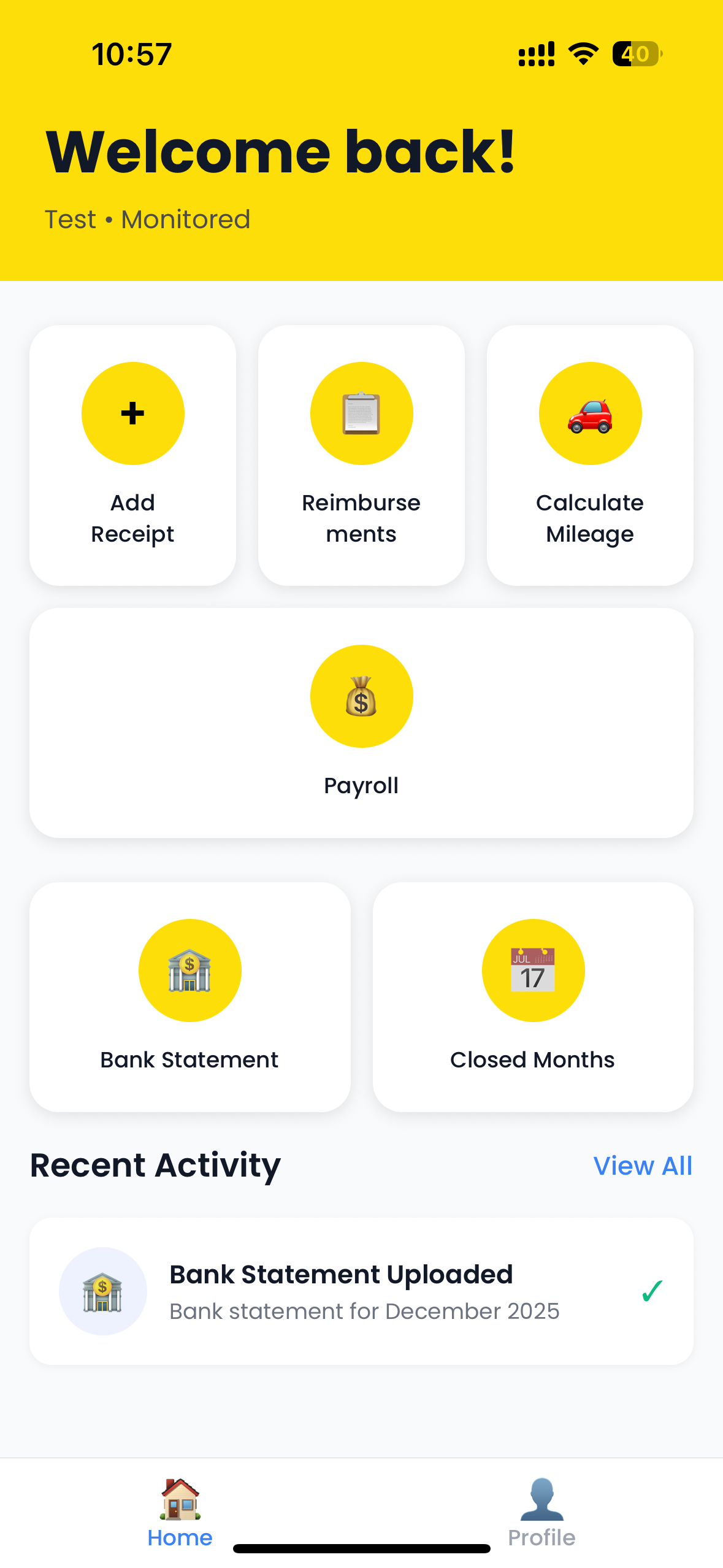 Kernow Connect MONITORED Dashboard showing Welcome back screen with Add Receipt, Reimbursements, Calculate Mileage, Payroll, Bank Statement, and Closed Months buttons, plus Recent Activity section