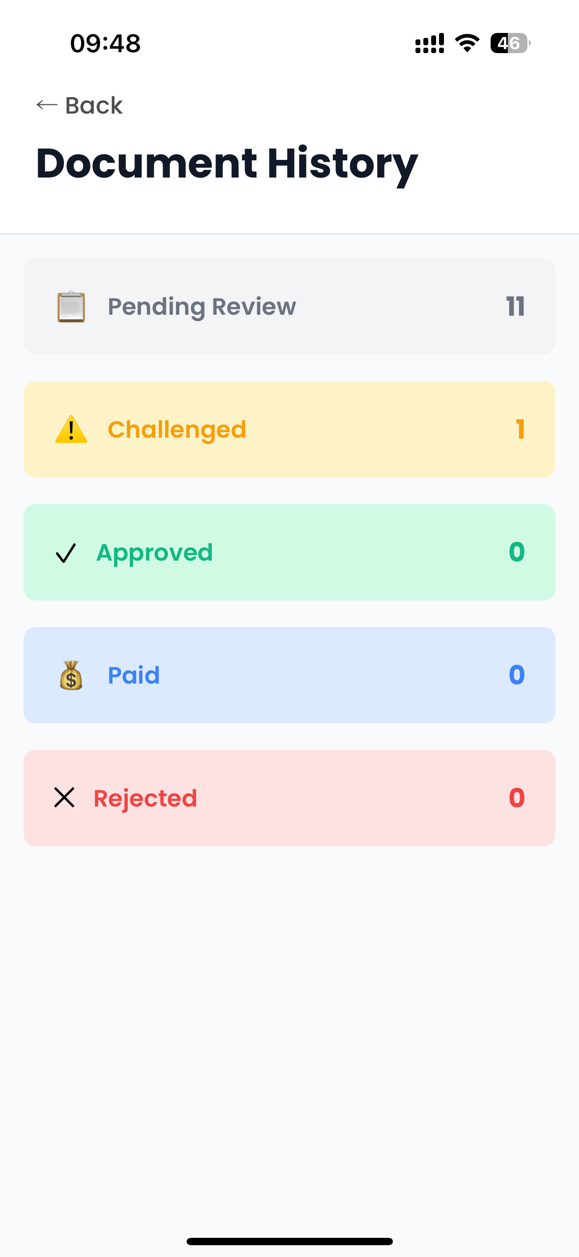Document History showing reimbursement status categories: Pending Review, Challenged, Approved, Paid, and Rejected with counts
