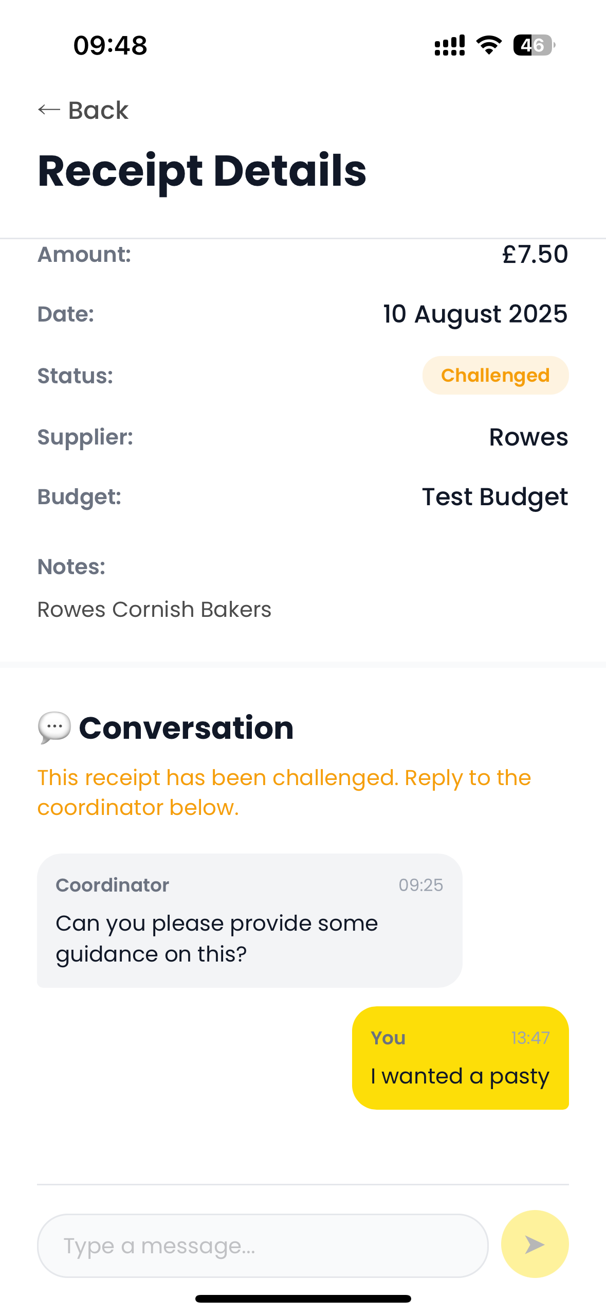 Receipt Details showing challenged status with conversation thread between coordinator and user